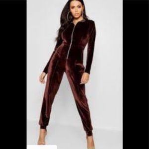 Boohoo Brown Velvet ZIP Up Jumpsuit